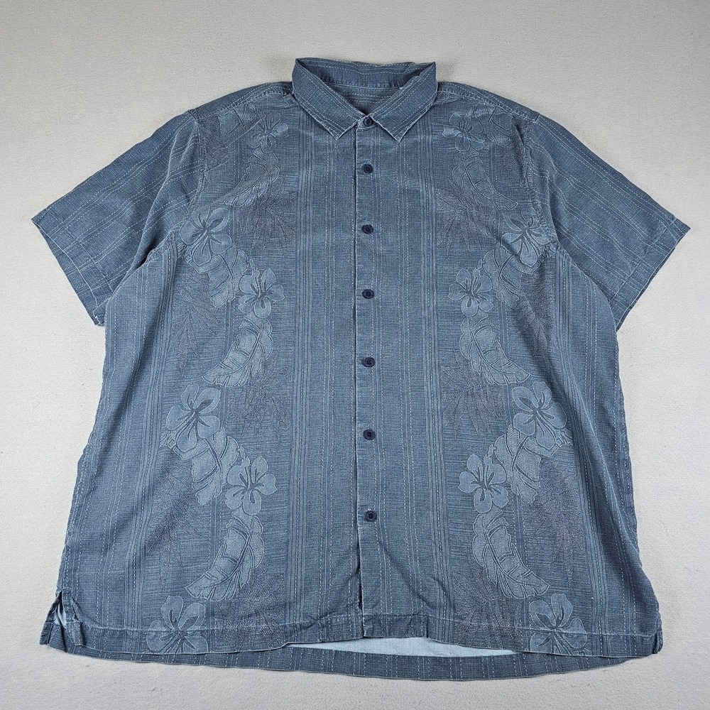 Tommy Bahama 100% Silk Shirt Mens 3XLT Blue Floral Jacquard Short Sleeve Button